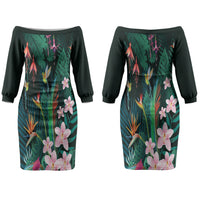 Hawaii Hummingbird Tropical Flowers Couples Matching Off The Shoulder Long Sleeve Dress and Long Sleeve Button Shirt Dark Green LT01 - Polynesian Pride