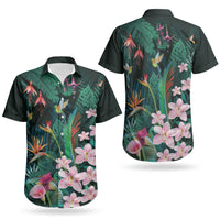 Hawaii Hummingbird Tropical Flowers Couples Matching Puletasi and Hawaiian Shirt Dark Green LT01 - Polynesian Pride