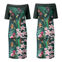 Hawaii Hummingbird Tropical Flowers Couples Matching Puletasi and Hawaiian Shirt Dark Green LT01 - Polynesian Pride