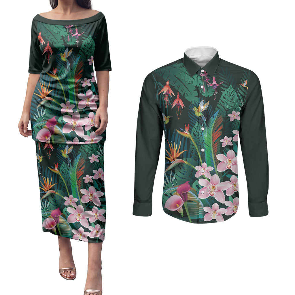 Hawaii Hummingbird Tropical Flowers Couples Matching Puletasi and Long Sleeve Button Shirt Dark Green LT01 Green - Polynesian Pride