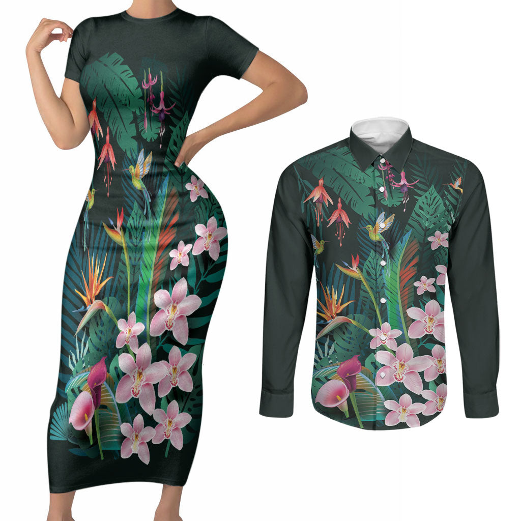Hawaii Hummingbird Tropical Flowers Couples Matching Short Sleeve Bodycon Dress and Long Sleeve Button Shirt Dark Green LT01 Green - Polynesian Pride