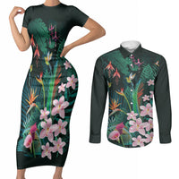 Hawaii Hummingbird Tropical Flowers Couples Matching Short Sleeve Bodycon Dress and Long Sleeve Button Shirt Dark Green LT01 Green - Polynesian Pride