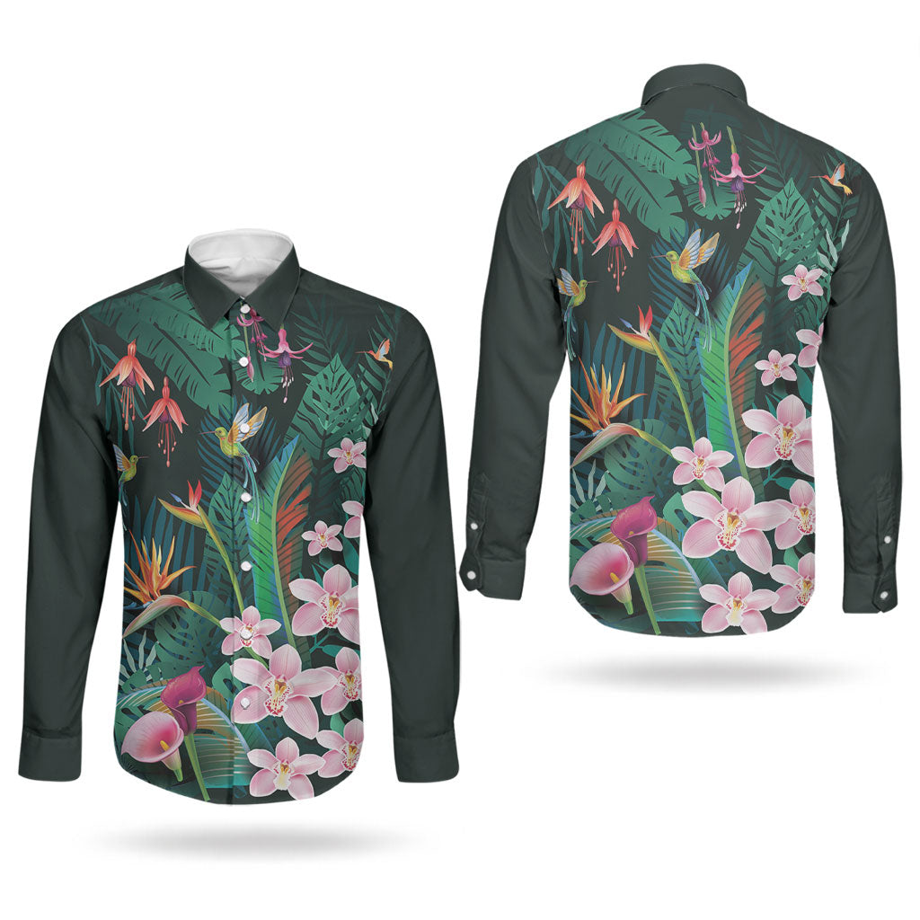 Hawaii Hummingbird Tropical Flowers Couples Matching Short Sleeve Bodycon Dress and Long Sleeve Button Shirt Dark Green LT01 - Polynesian Pride