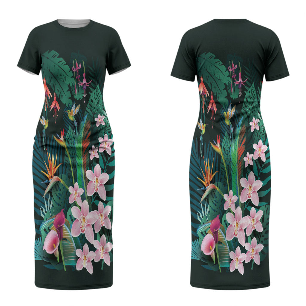 Hawaii Hummingbird Tropical Flowers Couples Matching Short Sleeve Bodycon Dress and Long Sleeve Button Shirt Dark Green LT01 - Polynesian Pride