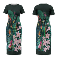 Hawaii Hummingbird Tropical Flowers Couples Matching Short Sleeve Bodycon Dress and Long Sleeve Button Shirt Dark Green LT01 - Polynesian Pride