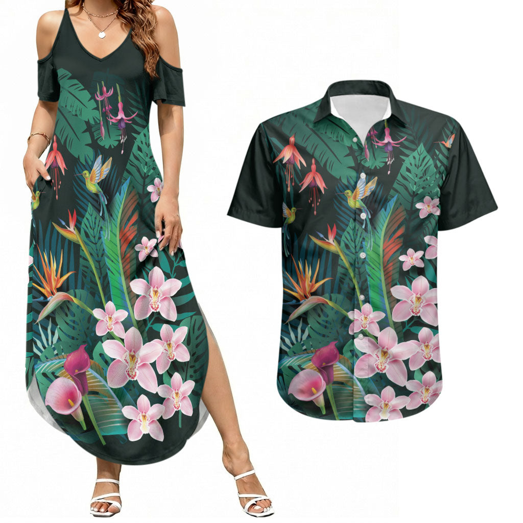 Hawaii Hummingbird Tropical Flowers Couples Matching Summer Maxi Dress and Hawaiian Shirt Dark Green LT01 Green - Polynesian Pride