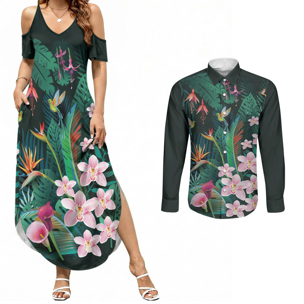 Hawaii Hummingbird Tropical Flowers Couples Matching Summer Maxi Dress and Long Sleeve Button Shirt Dark Green LT01 Green - Polynesian Pride
