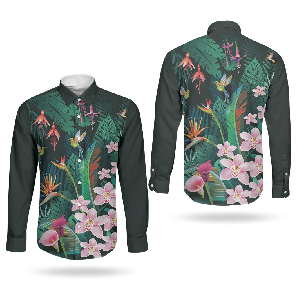 Hawaii Hummingbird Tropical Flowers Couples Matching Summer Maxi Dress and Long Sleeve Button Shirt Dark Green LT01 - Polynesian Pride