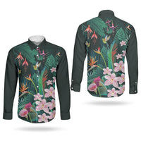 Hawaii Hummingbird Tropical Flowers Couples Matching Summer Maxi Dress and Long Sleeve Button Shirt Dark Green LT01 - Polynesian Pride