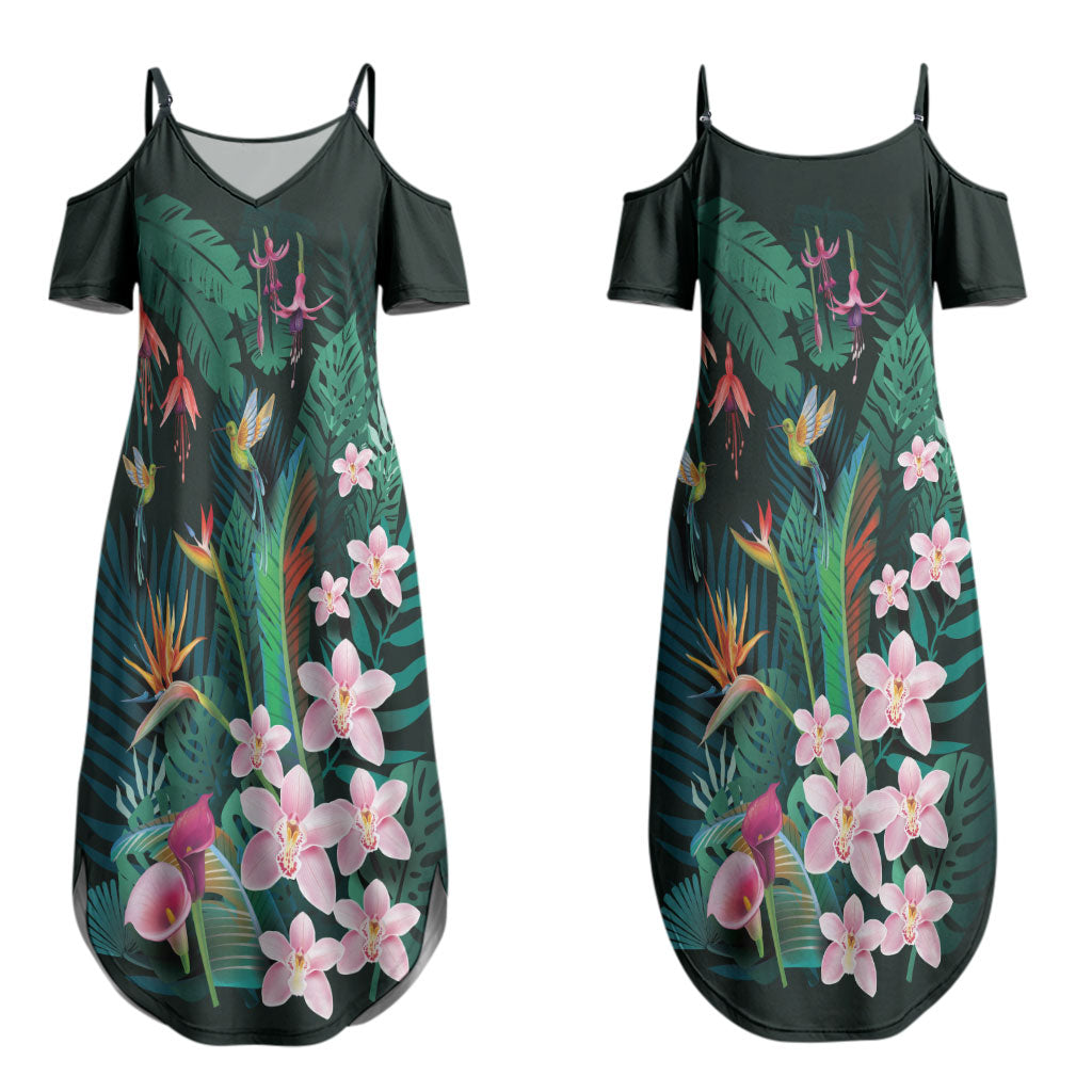 Hawaii Hummingbird Tropical Flowers Couples Matching Summer Maxi Dress and Long Sleeve Button Shirt Dark Green LT01 - Polynesian Pride