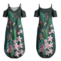Hawaii Hummingbird Tropical Flowers Couples Matching Summer Maxi Dress and Long Sleeve Button Shirt Dark Green LT01 - Polynesian Pride
