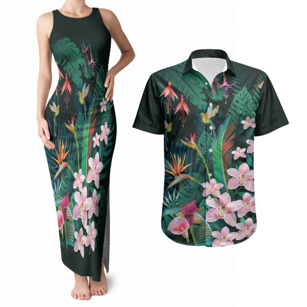 Hawaii Hummingbird Tropical Flowers Couples Matching Tank Maxi Dress and Hawaiian Shirt Dark Green LT01 Green - Polynesian Pride