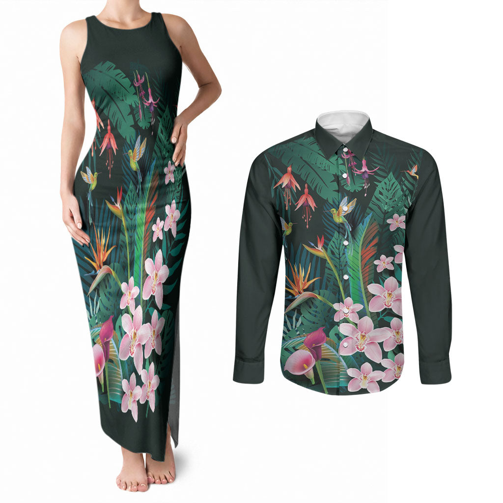 Hawaii Hummingbird Tropical Flowers Couples Matching Tank Maxi Dress and Long Sleeve Button Shirt Dark Green LT01 Green - Polynesian Pride