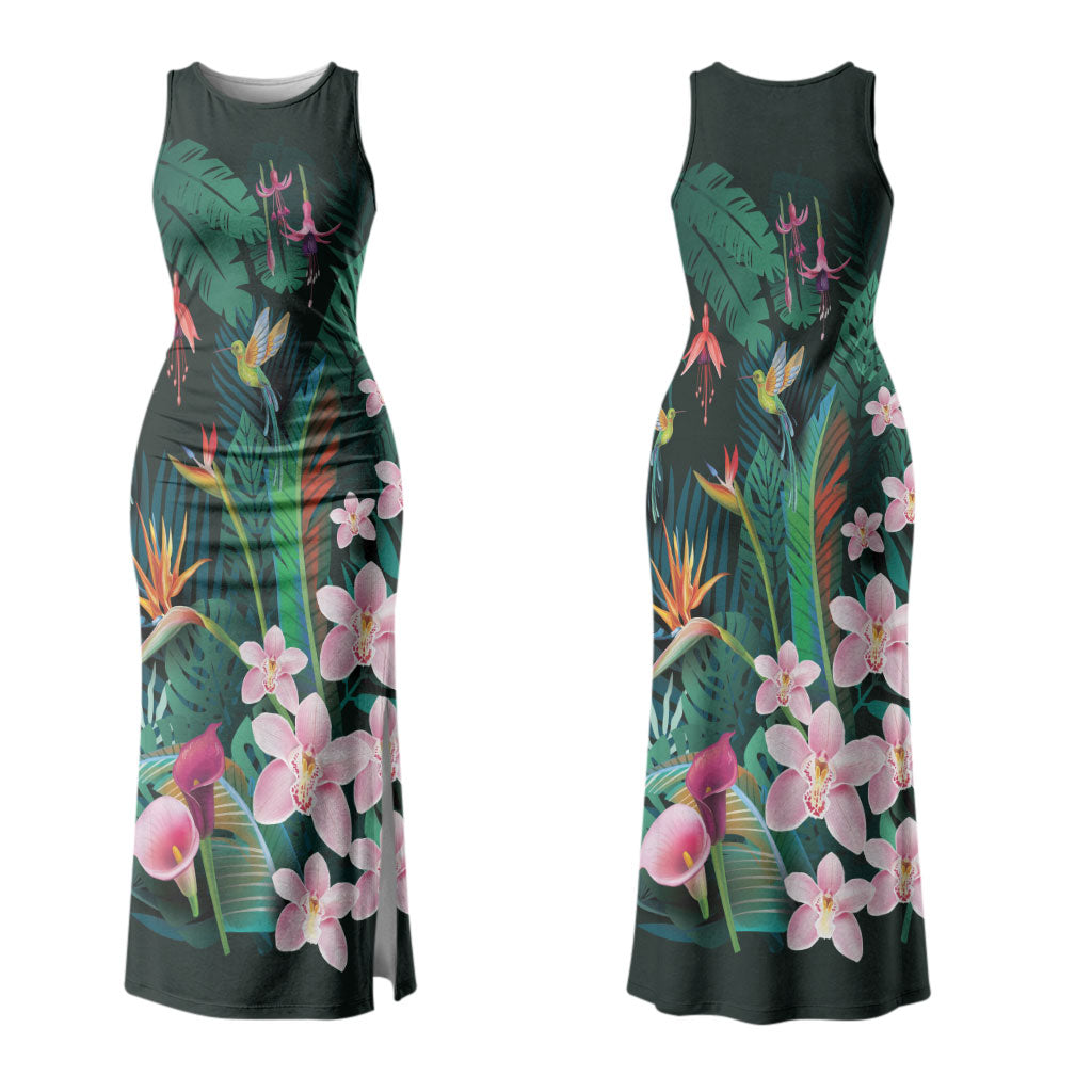 Hawaii Hummingbird Tropical Flowers Couples Matching Tank Maxi Dress and Long Sleeve Button Shirt Dark Green LT01 - Polynesian Pride