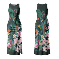 Hawaii Hummingbird Tropical Flowers Couples Matching Tank Maxi Dress and Long Sleeve Button Shirt Dark Green LT01 - Polynesian Pride
