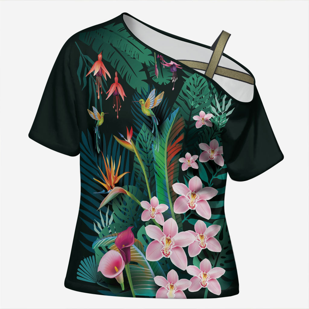 Hawaii Hummingbird Tropical Flowers Cross Shoulder Shirt Dark Green LT01 Female Green - Polynesian Pride
