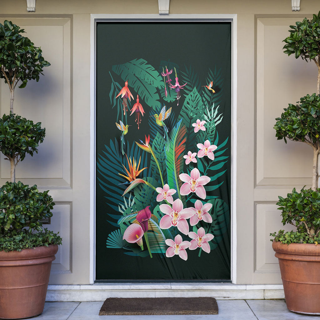 Hawaii Hummingbird Tropical Flowers Door Cover Dark Green LT01 Green - Polynesian Pride