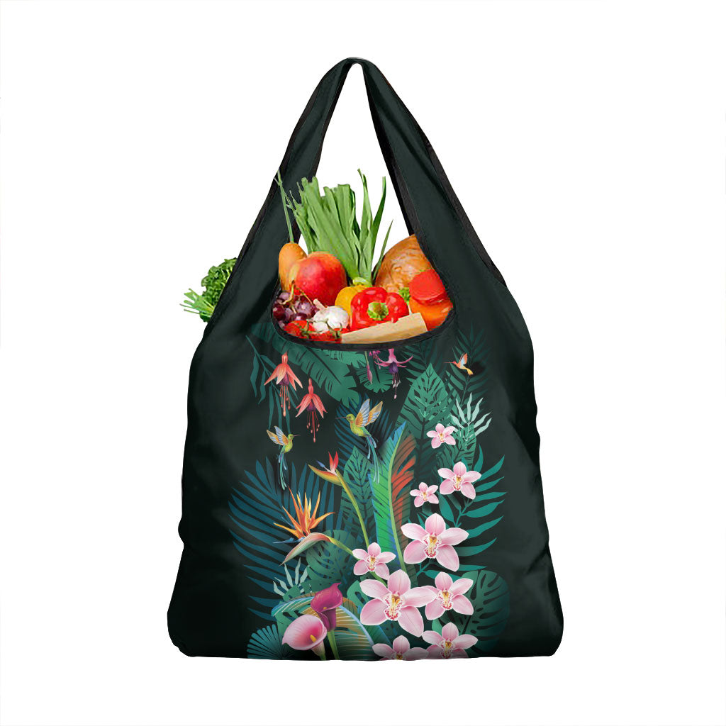 Hawaii Hummingbird Tropical Flowers Grocery Bag Dark Green LT01 1-pack One Size Green - Polynesian Pride