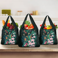 Hawaii Hummingbird Tropical Flowers Grocery Bag Dark Green LT01 3-pack One Size Green - Polynesian Pride