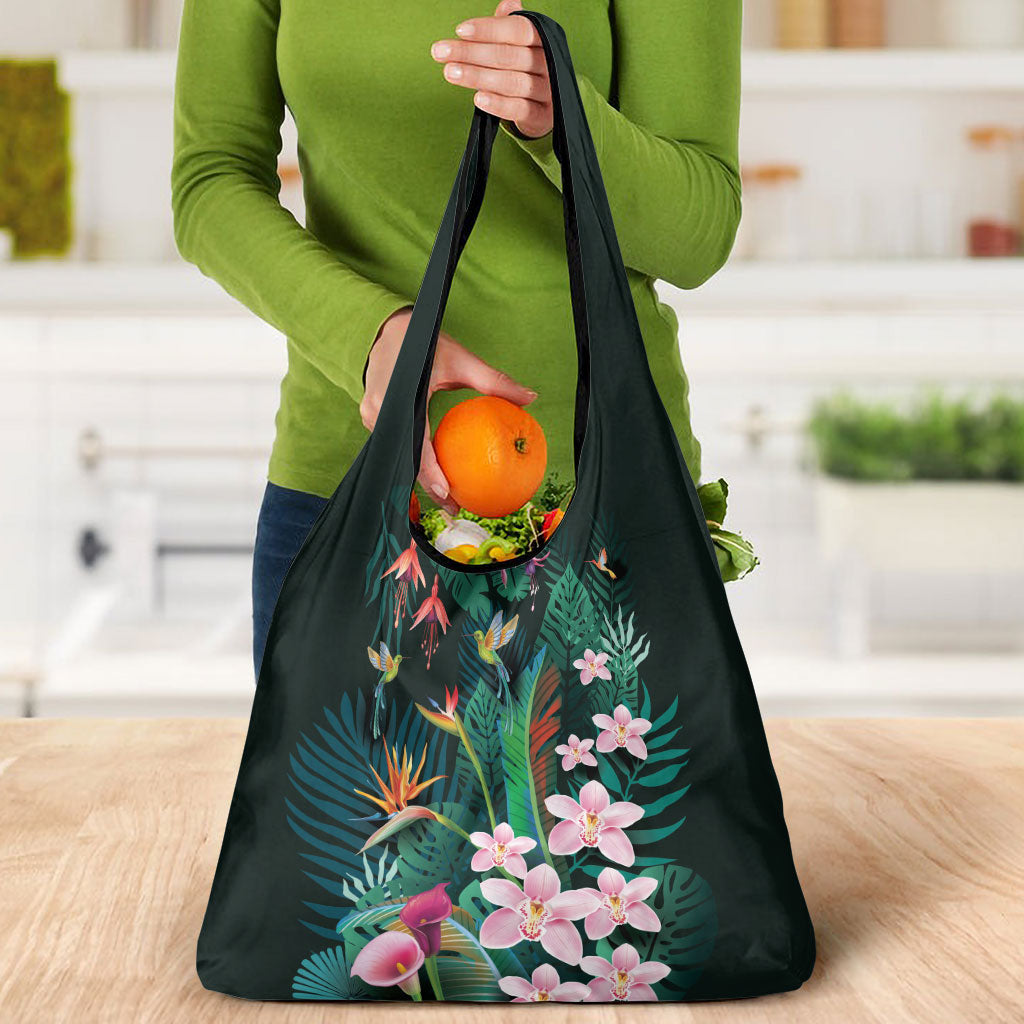 Hawaii Hummingbird Tropical Flowers Grocery Bag Dark Green LT01 - Polynesian Pride