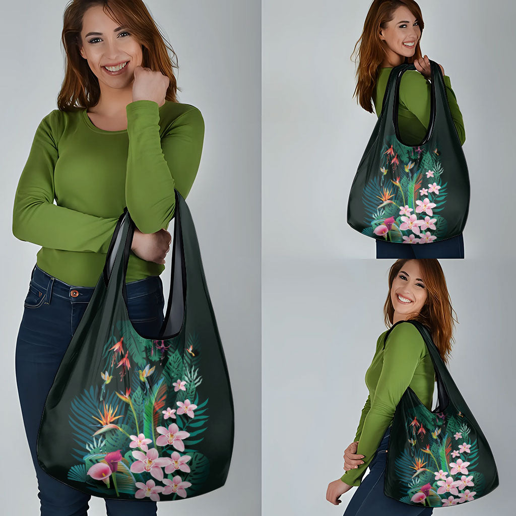 Hawaii Hummingbird Tropical Flowers Grocery Bag Dark Green LT01 - Polynesian Pride