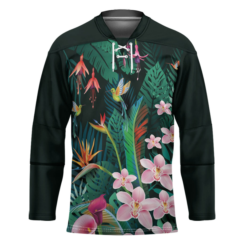 Hawaii Hummingbird Tropical Flowers Hockey Jersey Dark Green LT01 Unisex Green - Polynesian Pride