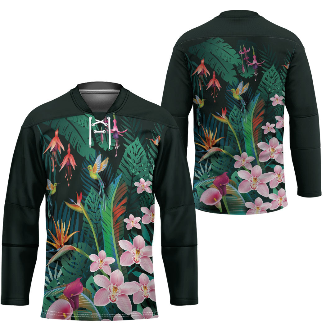 Hawaii Hummingbird Tropical Flowers Hockey Jersey Dark Green LT01 - Polynesian Pride