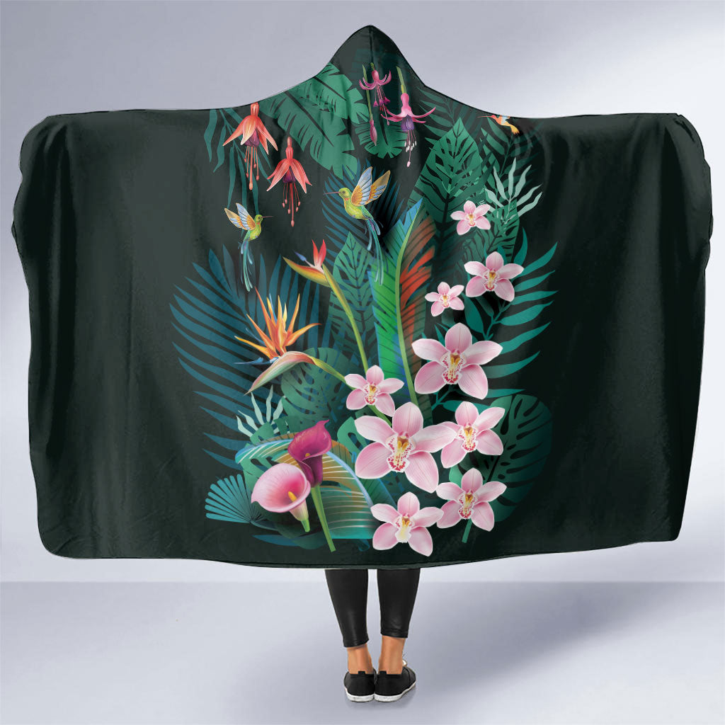Hawaii Hummingbird Tropical Flowers Hooded Blanket Dark Green LT01 One Size Green - Polynesian Pride