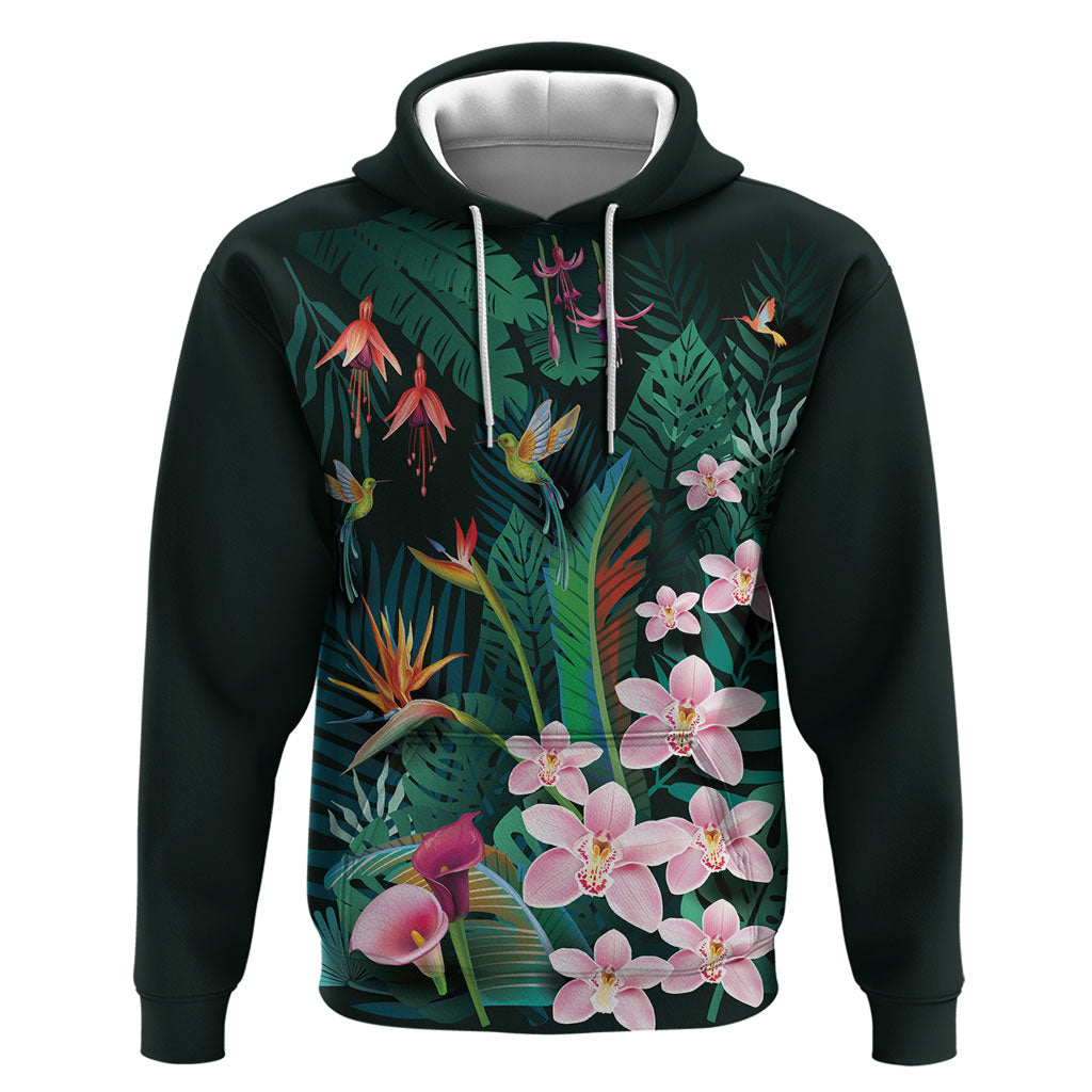 Hawaii Hummingbird Tropical Flowers Hoodie Dark Green LT01 Pullover Hoodie Green - Polynesian Pride