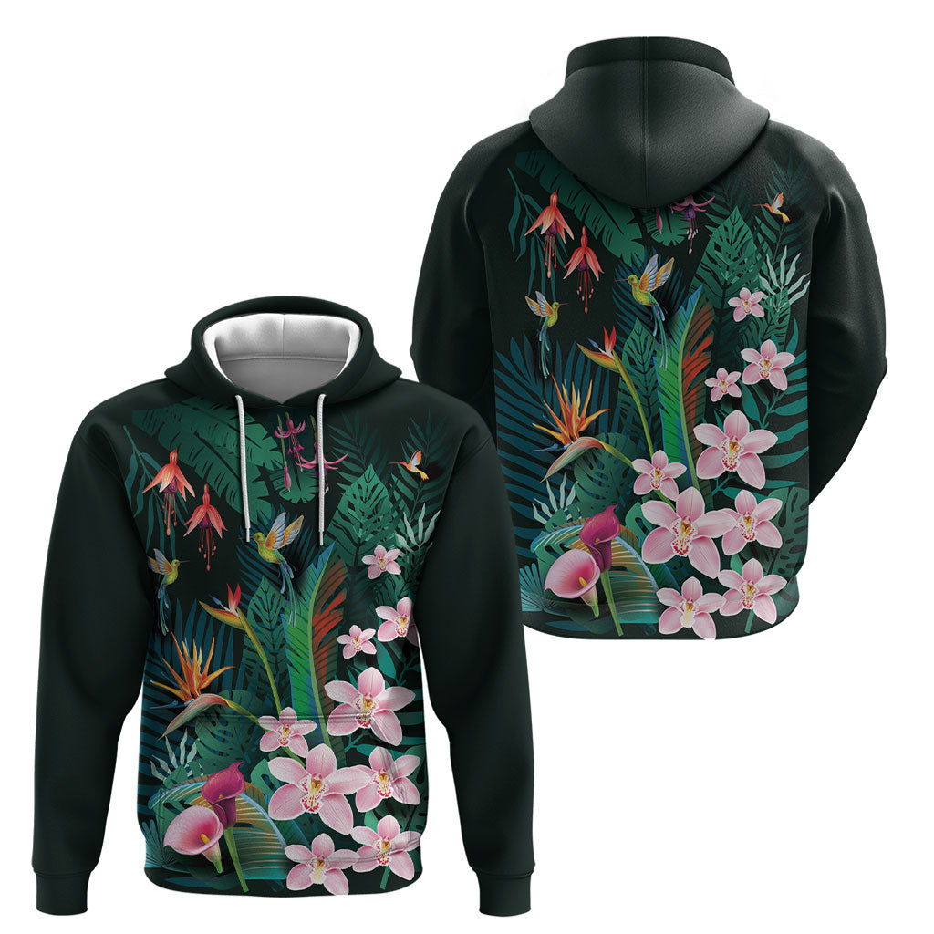 Hawaii Hummingbird Tropical Flowers Hoodie Dark Green LT01 - Polynesian Pride