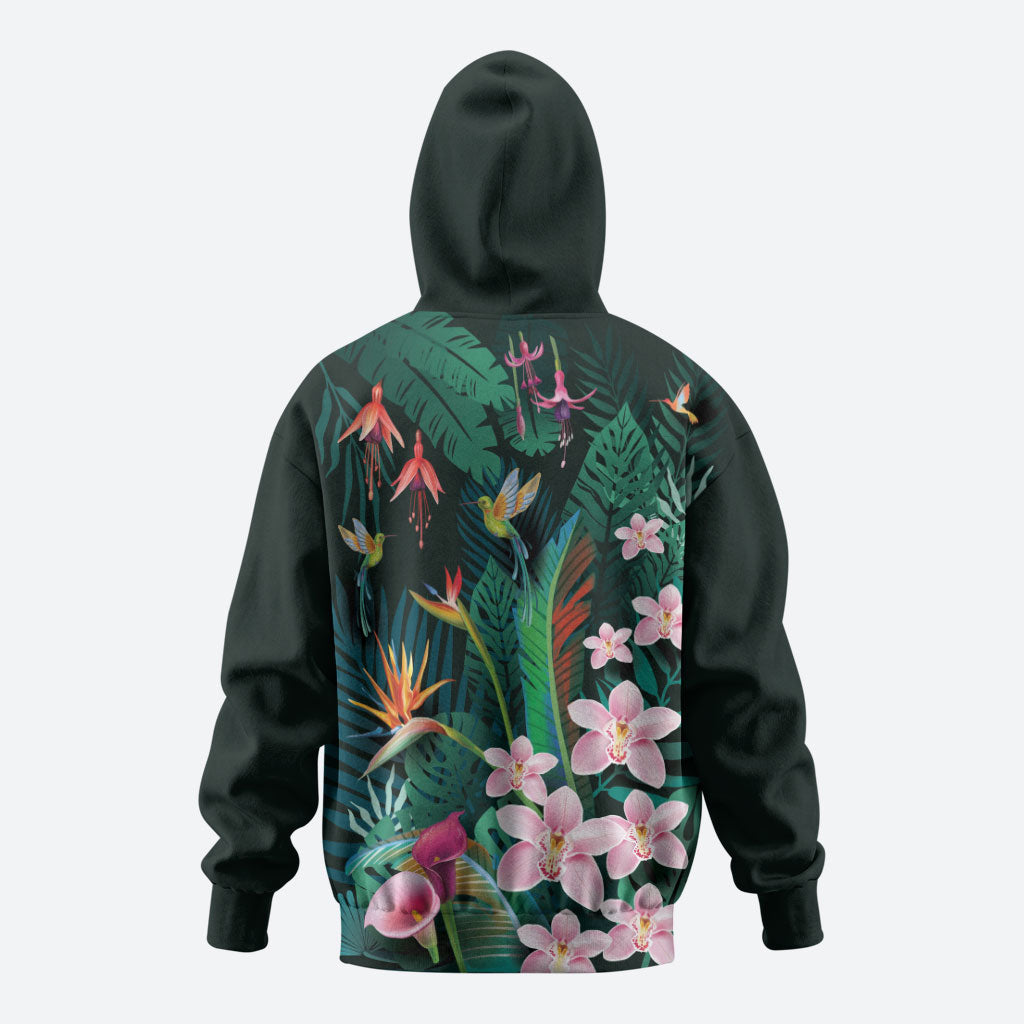 Hawaii Hummingbird Tropical Flowers Hoodie Dark Green LT01 - Polynesian Pride