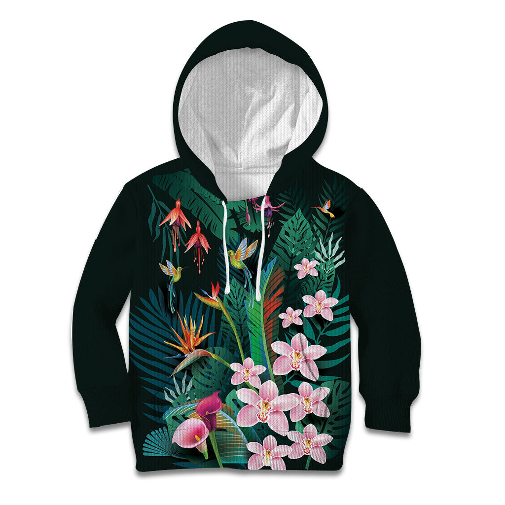 Hawaii Hummingbird Tropical Flowers Kid Hoodie Dark Green LT01 Hoodie Green - Polynesian Pride