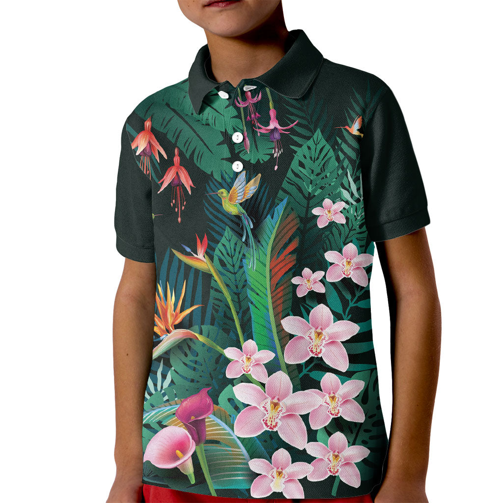 Hawaii Hummingbird Tropical Flowers Kid Polo Shirt Dark Green LT01 Kid Green - Polynesian Pride