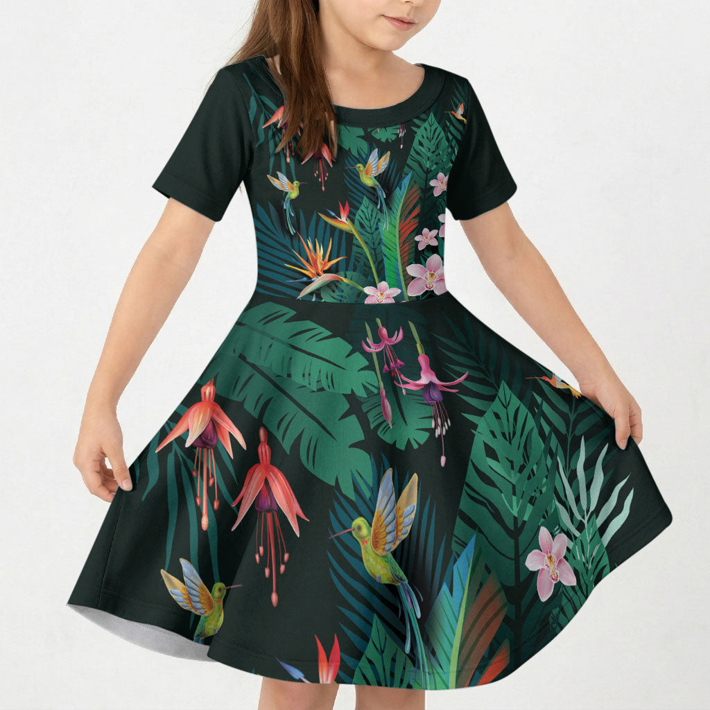 Hawaii Hummingbird Tropical Flowers Kid Short Sleeve Dress Dark Green LT01 KID Green - Polynesian Pride