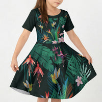 Hawaii Hummingbird Tropical Flowers Kid Short Sleeve Dress Dark Green LT01 KID Green - Polynesian Pride