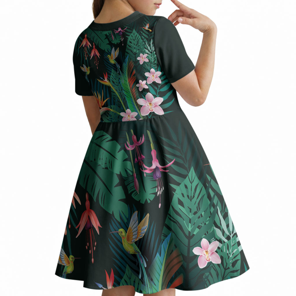 Hawaii Hummingbird Tropical Flowers Kid Short Sleeve Dress Dark Green LT01 - Polynesian Pride