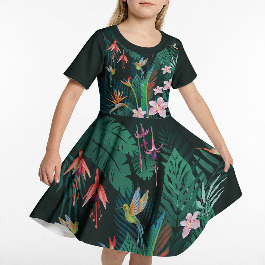 Hawaii Hummingbird Tropical Flowers Kid Short Sleeve Dress Dark Green LT01 - Polynesian Pride
