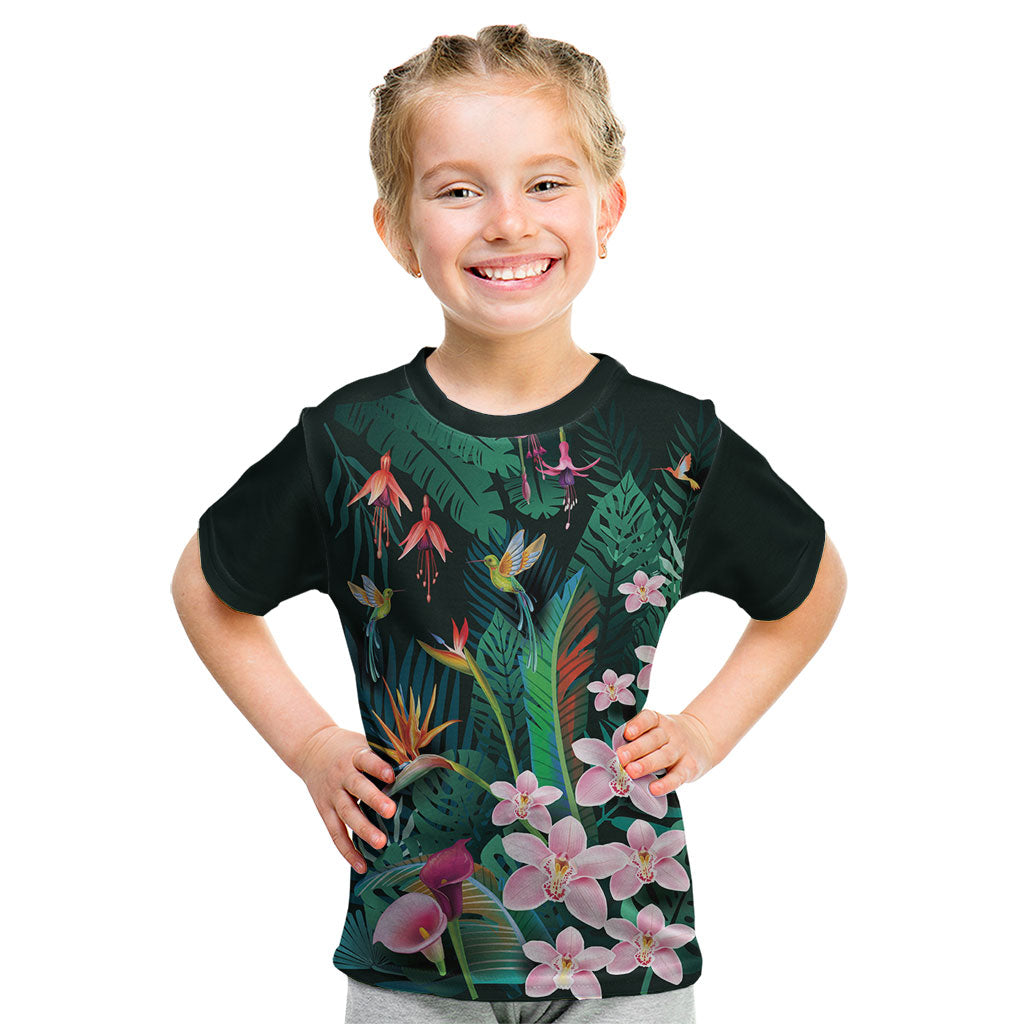 Hawaii Hummingbird Tropical Flowers Kid T Shirt Dark Green LT01 Green - Polynesian Pride