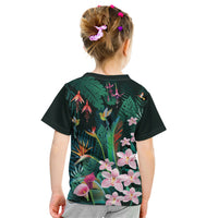 Hawaii Hummingbird Tropical Flowers Kid T Shirt Dark Green LT01 - Polynesian Pride