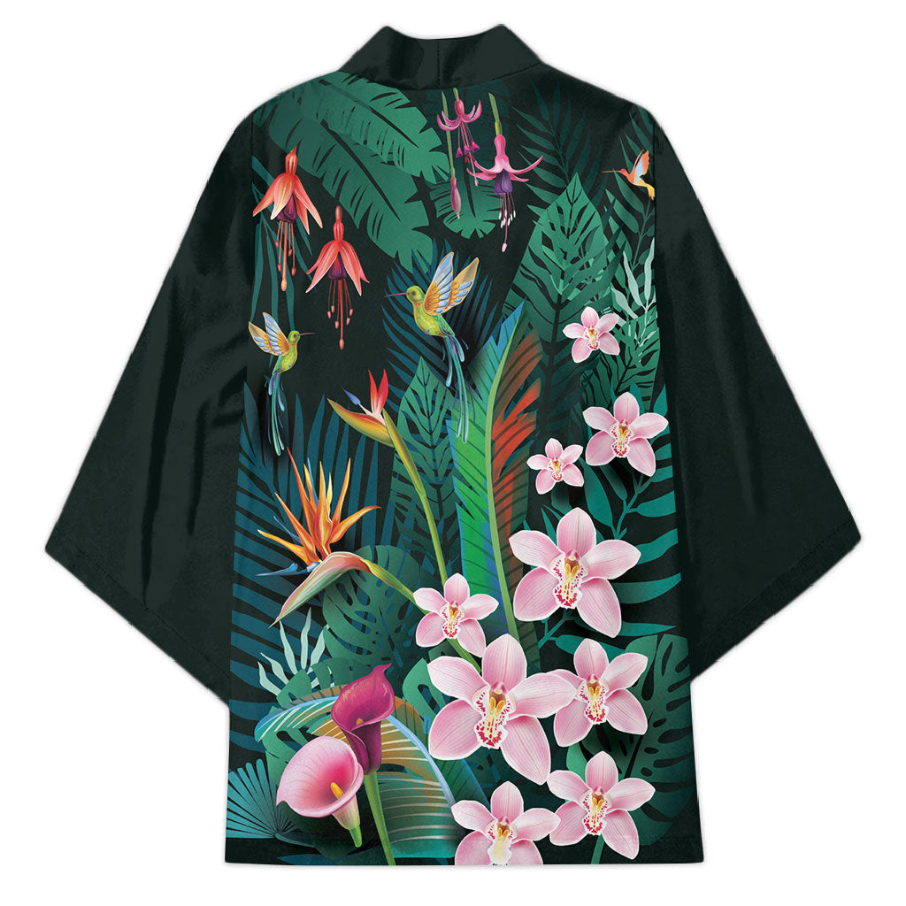 Hawaii Hummingbird Tropical Flowers Kimono Dark Green LT01 - Polynesian Pride