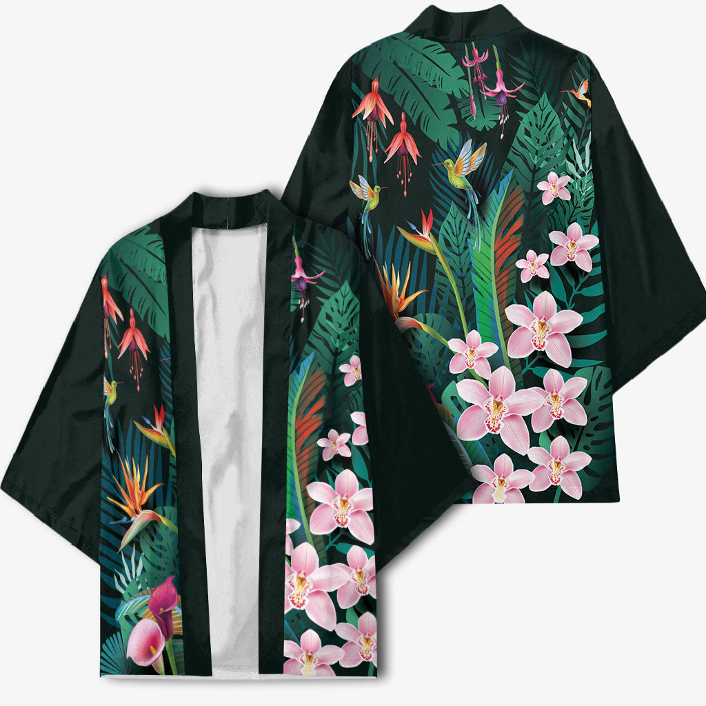 Hawaii Hummingbird Tropical Flowers Kimono Dark Green LT01 - Polynesian Pride