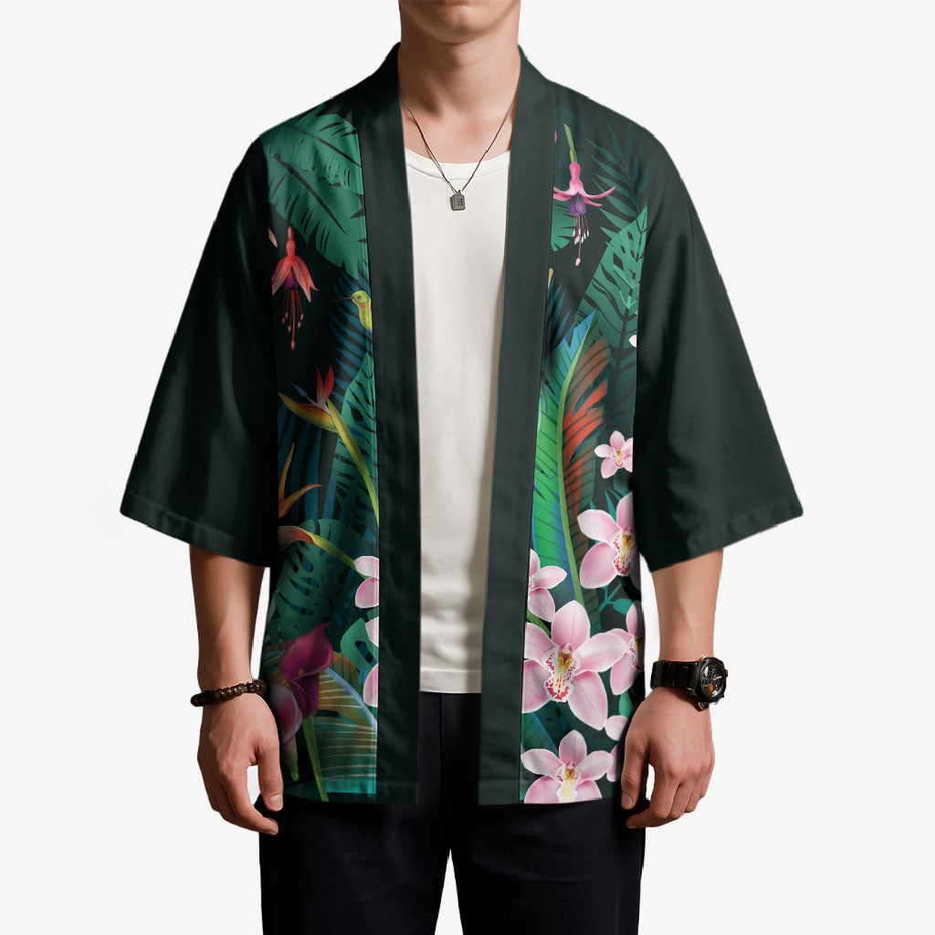 Hawaii Hummingbird Tropical Flowers Kimono Dark Green LT01 - Polynesian Pride