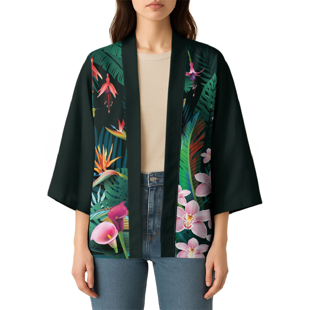 Hawaii Hummingbird Tropical Flowers Kimono Dark Green LT01 - Polynesian Pride