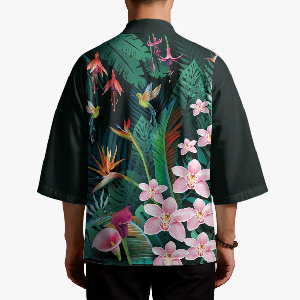 Hawaii Hummingbird Tropical Flowers Kimono Dark Green LT01 - Polynesian Pride