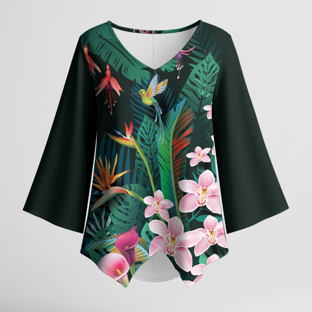 Hawaii Hummingbird Tropical Flowers Kimono Sleeve Blouse Dark Green LT01 Female Green - Polynesian Pride
