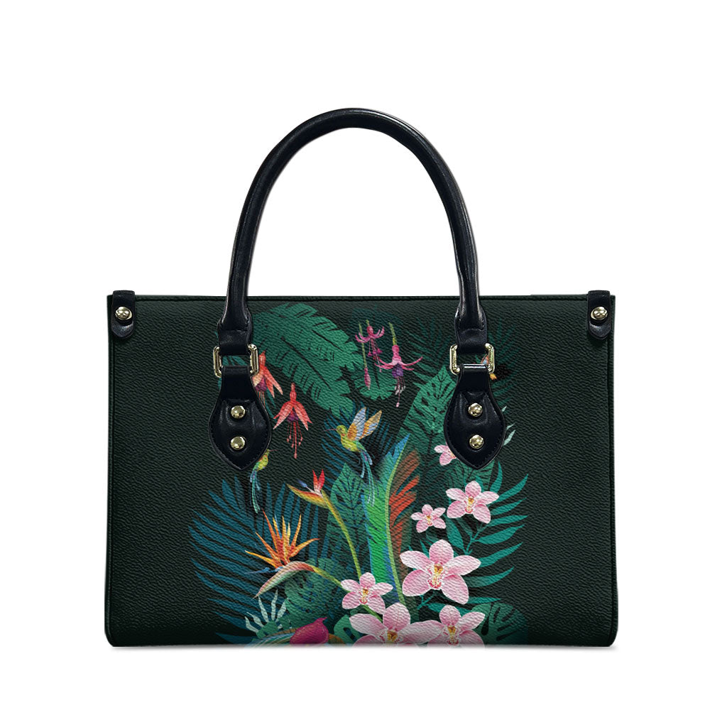 Hawaii Hummingbird Tropical Flowers Leather Bag Dark Green LT01 - Polynesian Pride