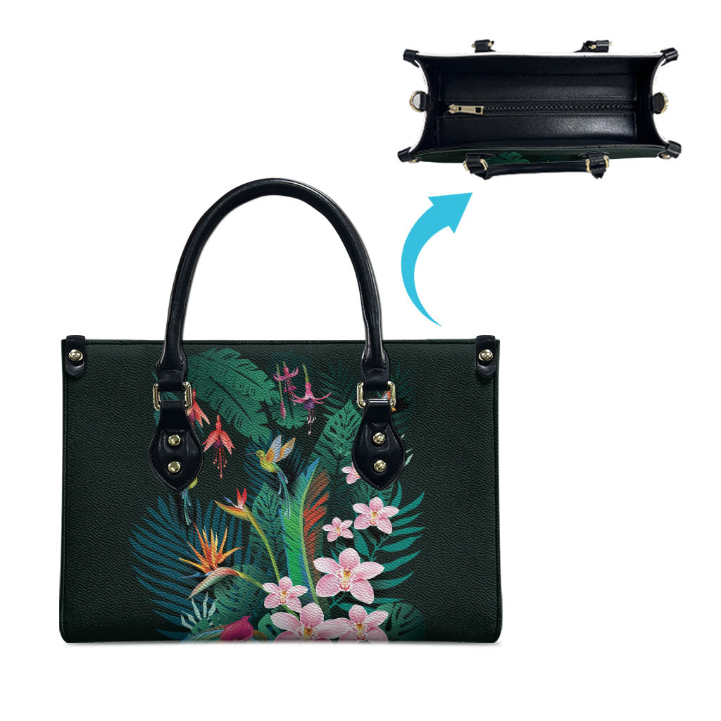 Hawaii Hummingbird Tropical Flowers Leather Bag Dark Green LT01 - Polynesian Pride