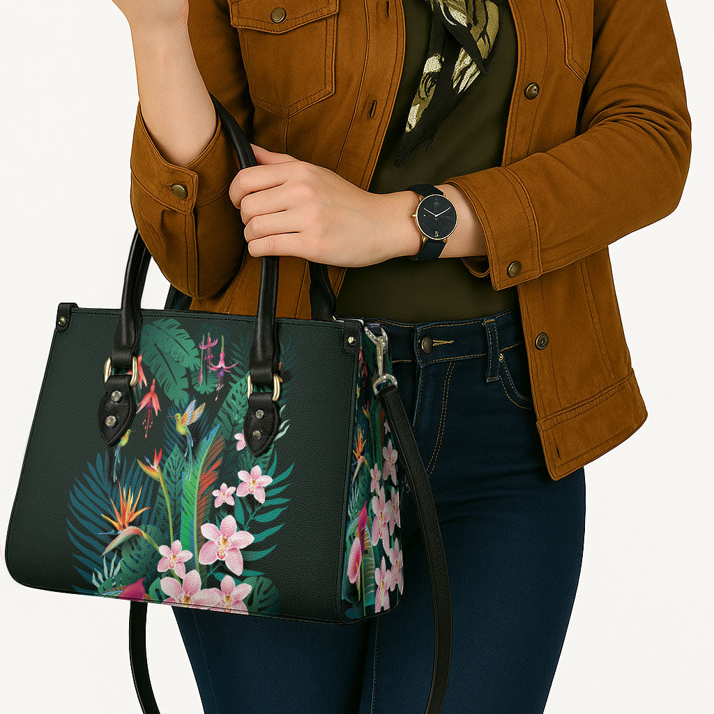 Hawaii Hummingbird Tropical Flowers Leather Bag Dark Green LT01 - Polynesian Pride