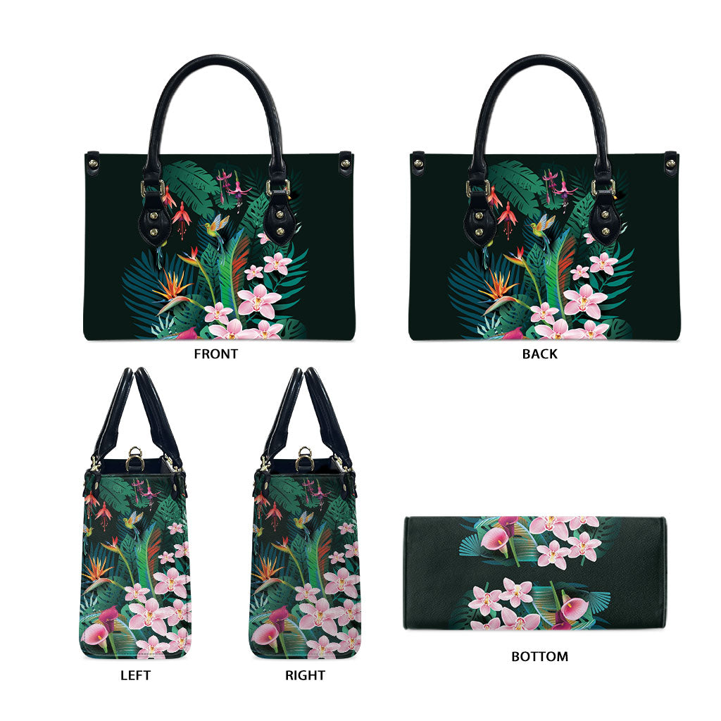 Hawaii Hummingbird Tropical Flowers Leather Bag Dark Green LT01 - Polynesian Pride