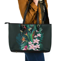 Hawaii Hummingbird Tropical Flowers Leather Tote Bag Dark Green LT01 - Polynesian Pride